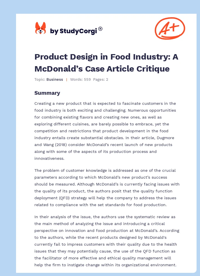 Product Design in Food Industry: A McDonald’s Case Article Critique. Page 1