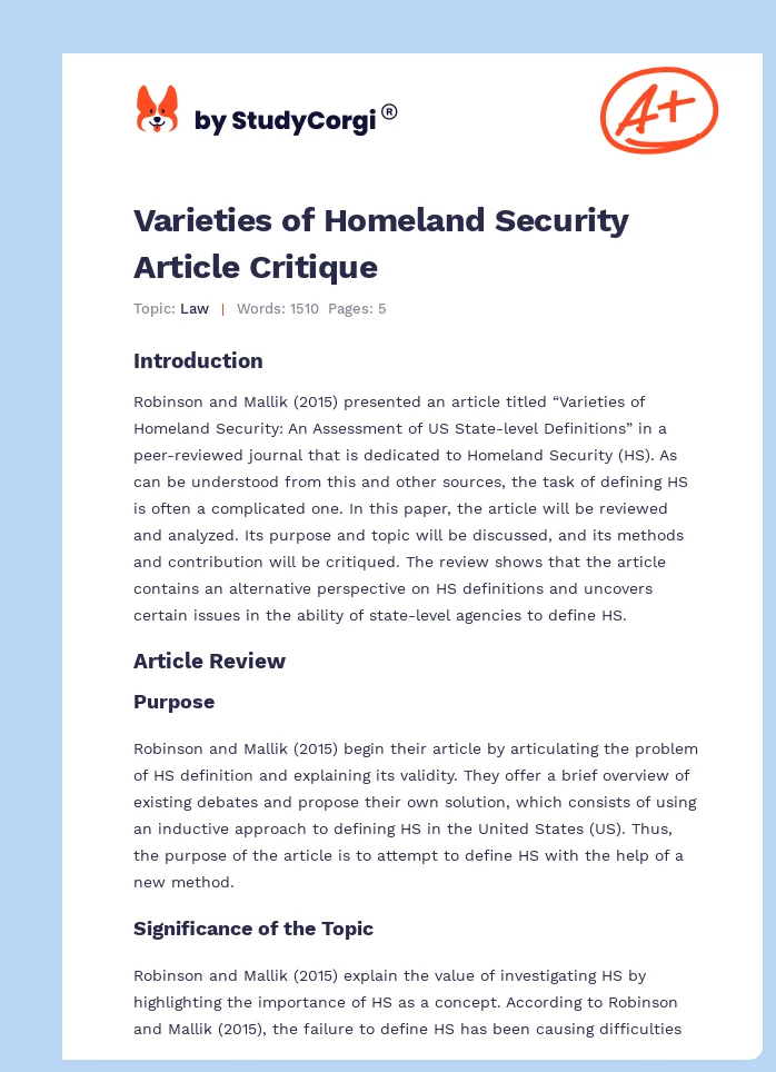 Varieties of Homeland Security Article Critique. Page 1