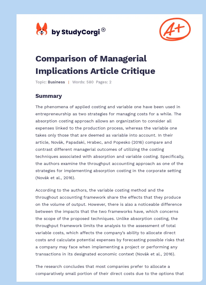 Comparison of Managerial Implications Article Critique. Page 1
