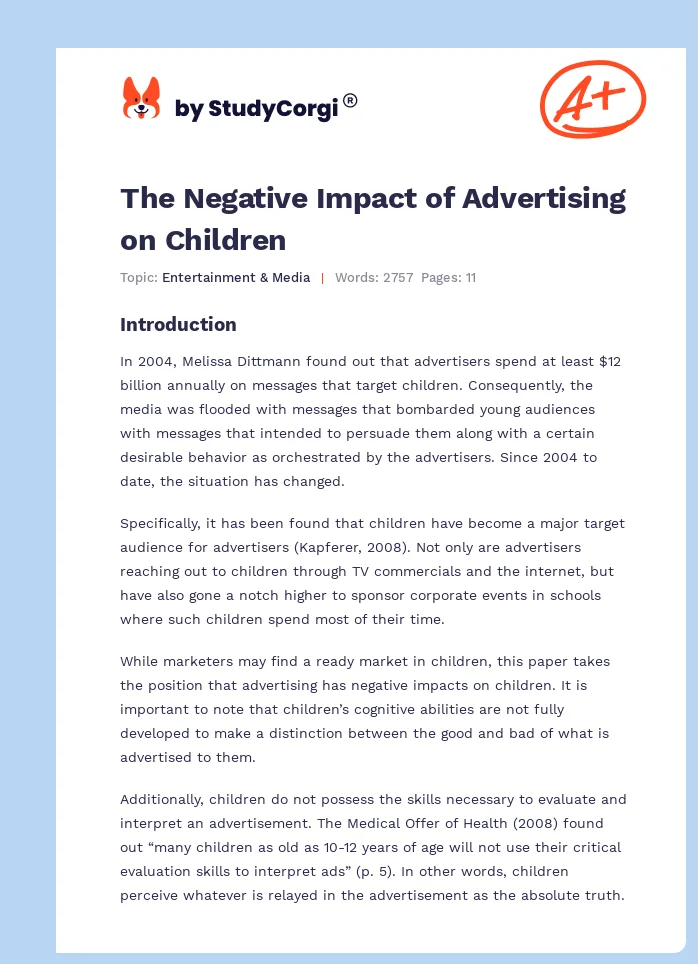 The Negative Impact of Advertising on Children. Page 1