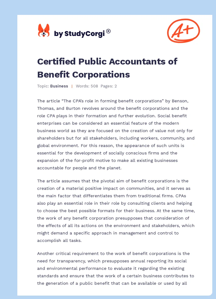 Certified Public Accountants of Benefit Corporations. Page 1