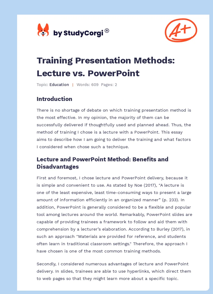 Training Presentation Methods: Lecture vs. PowerPoint. Page 1