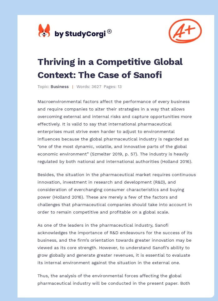 Thriving in a Competitive Global Context: The Case of Sanofi. Page 1