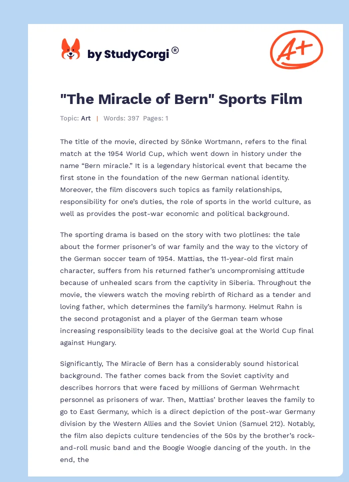 "The Miracle of Bern" Sports Film. Page 1