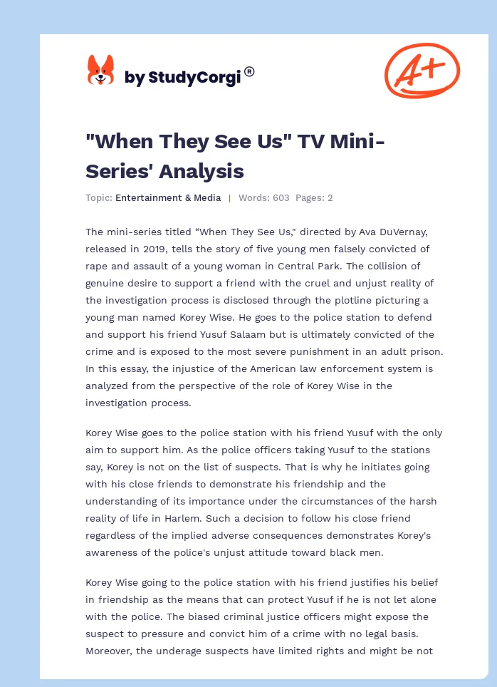"When They See Us" TV Mini-Series' Analysis. Page 1