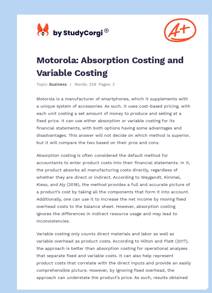 Motorola: Absorption Costing and Variable Costing. Page 1