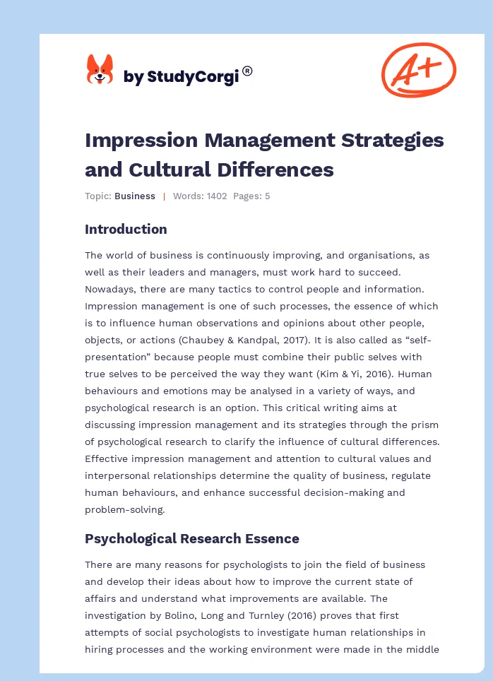 Impression Management Strategies and Cultural Differences. Page 1
