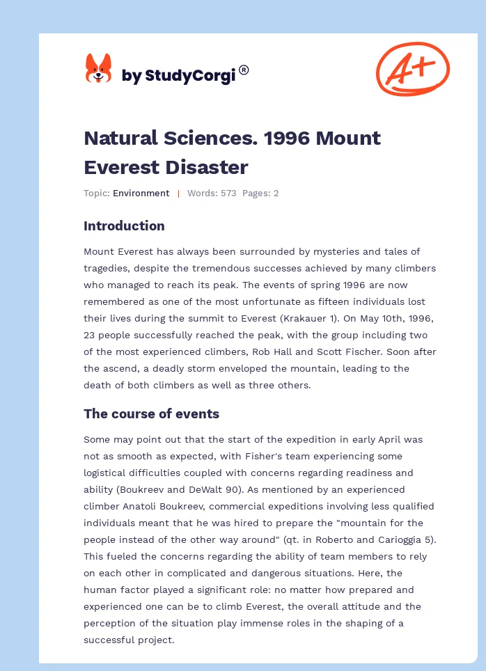 Natural Sciences. 1996 Mount Everest Disaster. Page 1