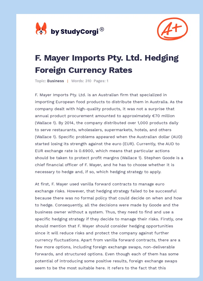 F. Mayer Imports Pty. Ltd. Hedging Foreign Currency Rates. Page 1