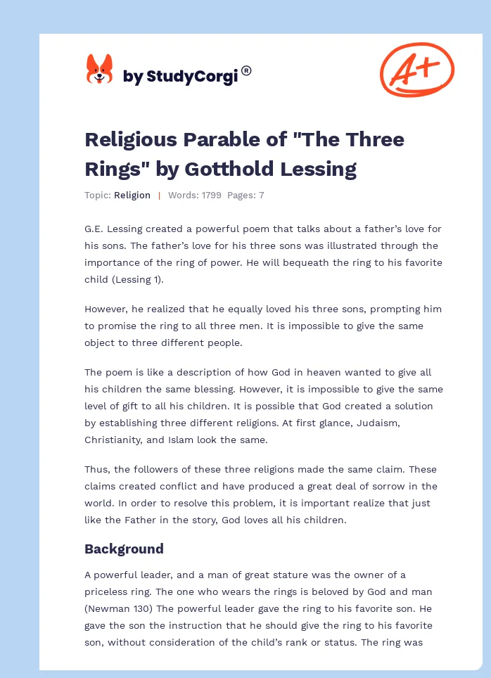 Religious Parable of "The Three Rings" by Gotthold Lessing. Page 1