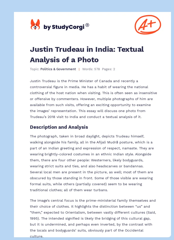 Justin Trudeau in India: Textual Analysis of a Photo. Page 1