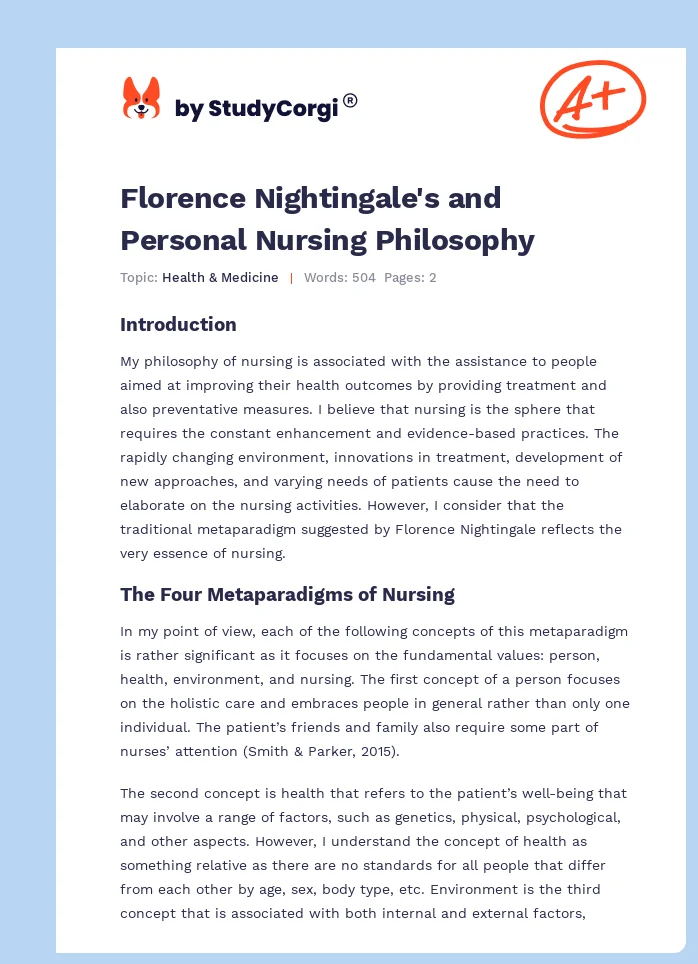 Florence Nightingale's and Personal Nursing Philosophy. Page 1