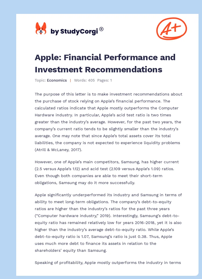 Apple: Financial Performance and Investment Recommendations. Page 1