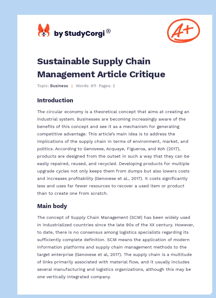 Sustainable Supply Chain Management Article Critique. Page 1
