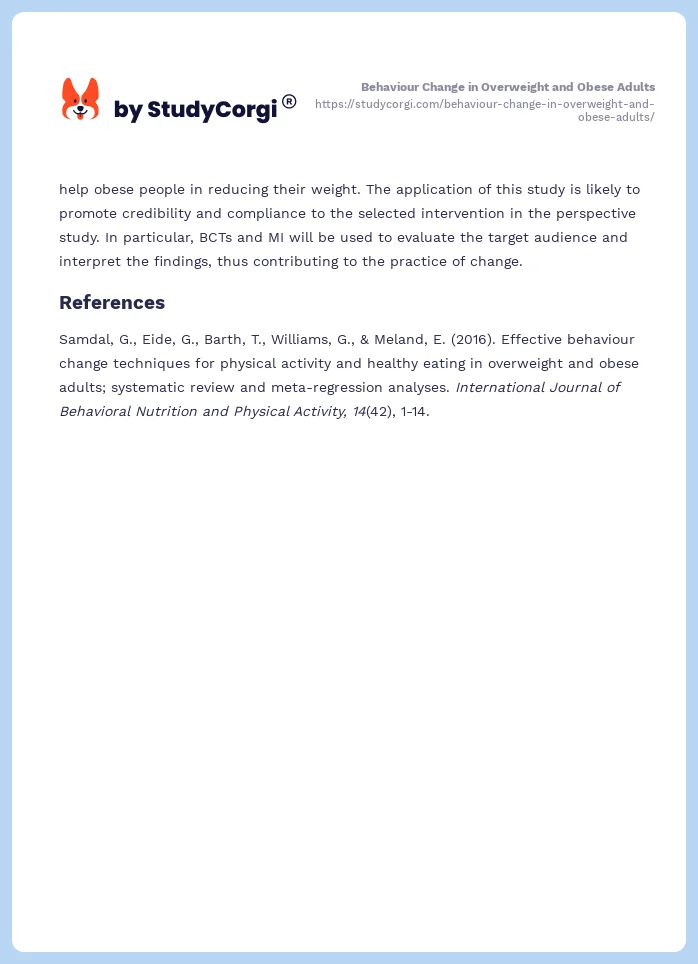 Behaviour Change in Overweight and Obese Adults. Page 2