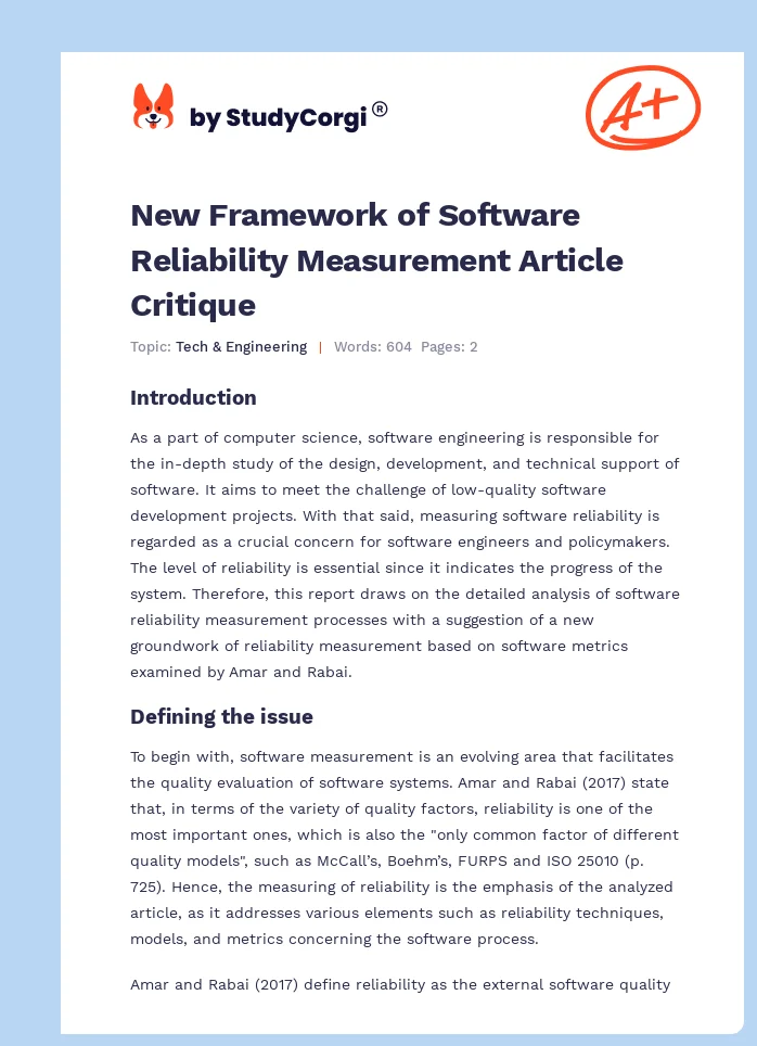 New Framework of Software Reliability Measurement Article Critique. Page 1