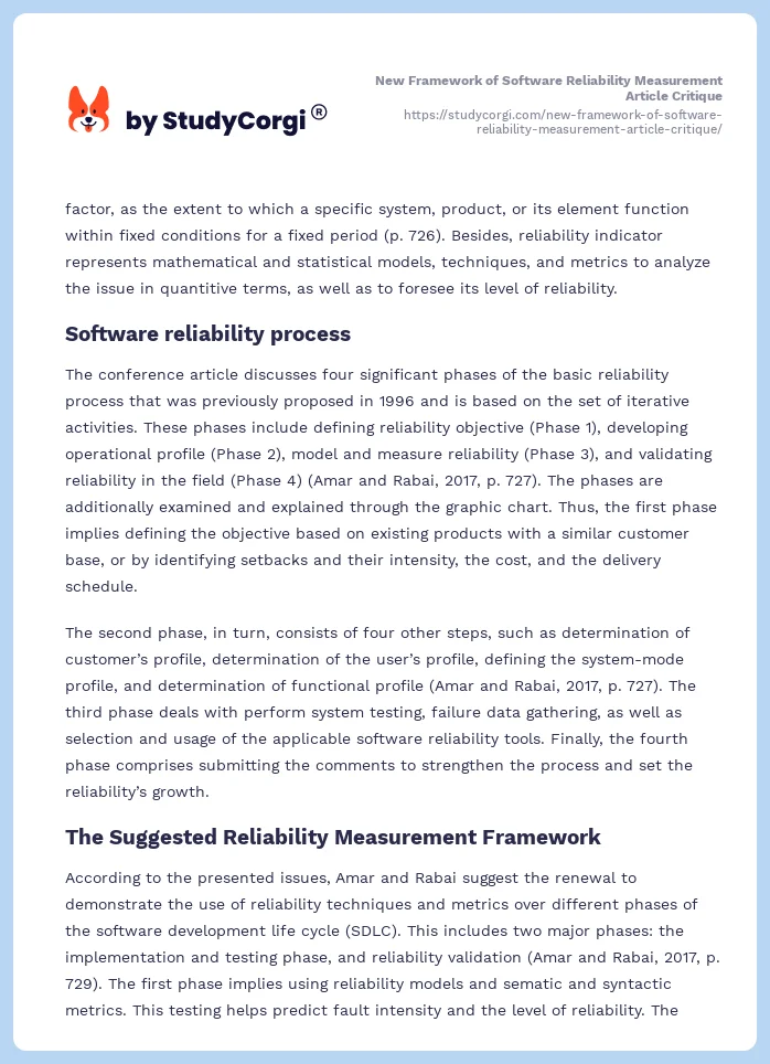 New Framework of Software Reliability Measurement Article Critique. Page 2