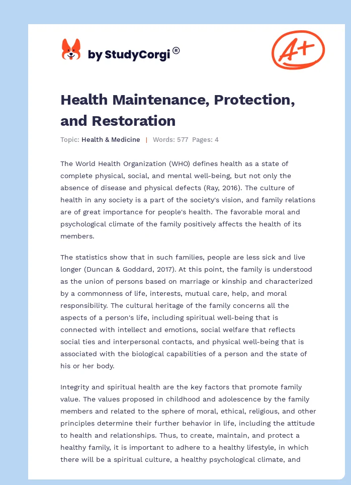 Health Maintenance, Protection, and Restoration. Page 1
