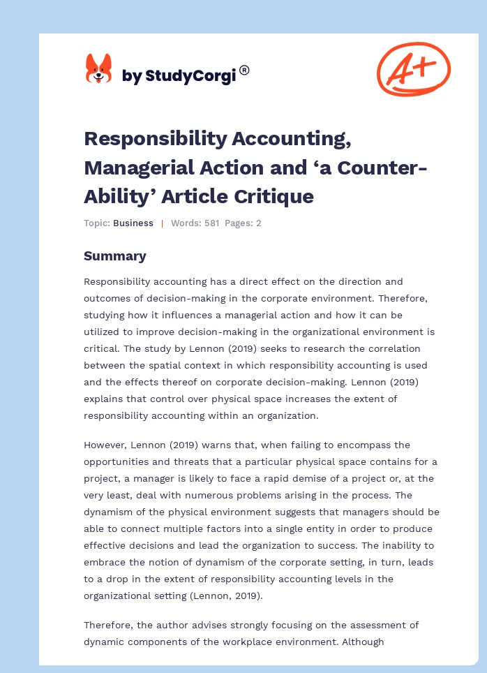 Responsibility Accounting, Managerial Action and ‘a Counter-Ability’ Article Critique. Page 1