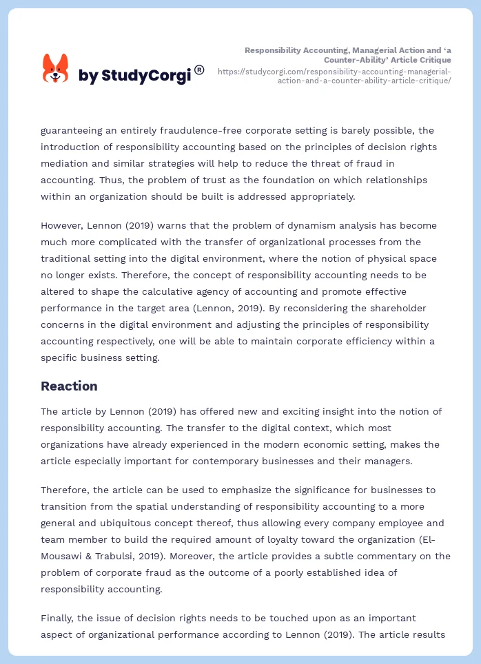 Responsibility Accounting, Managerial Action and ‘a Counter-Ability’ Article Critique. Page 2