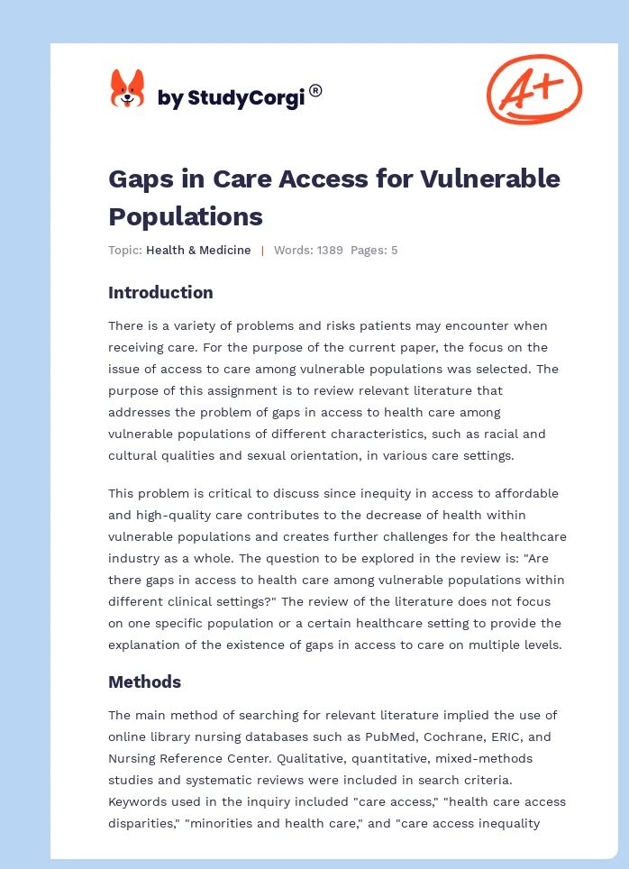Gaps in Care Access for Vulnerable Populations. Page 1