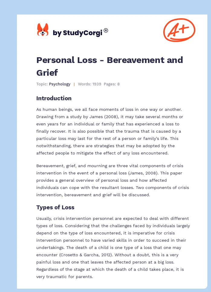 Personal Loss - Bereavement and Grief. Page 1
