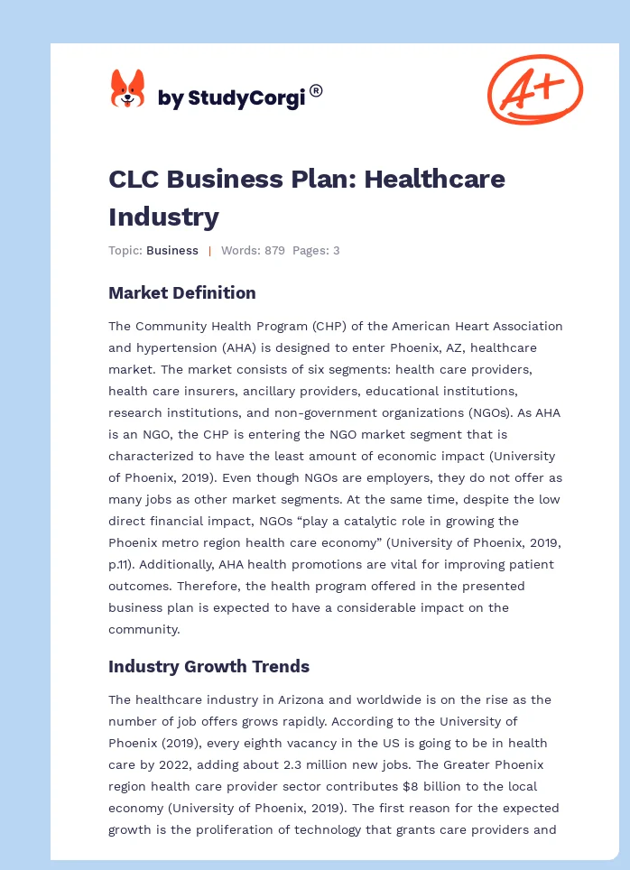 CLC Business Plan: Healthcare Industry. Page 1
