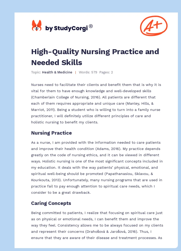 High-Quality Nursing Practice and Needed Skills. Page 1