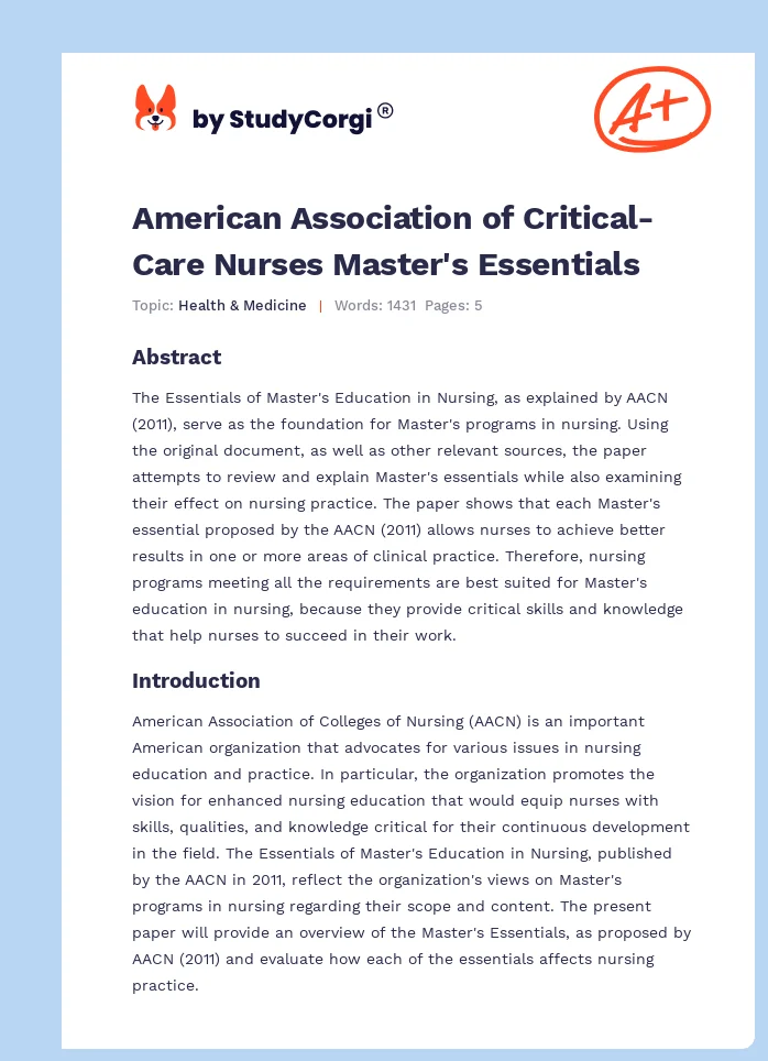 American Association of Critical-Care Nurses Master's Essentials. Page 1