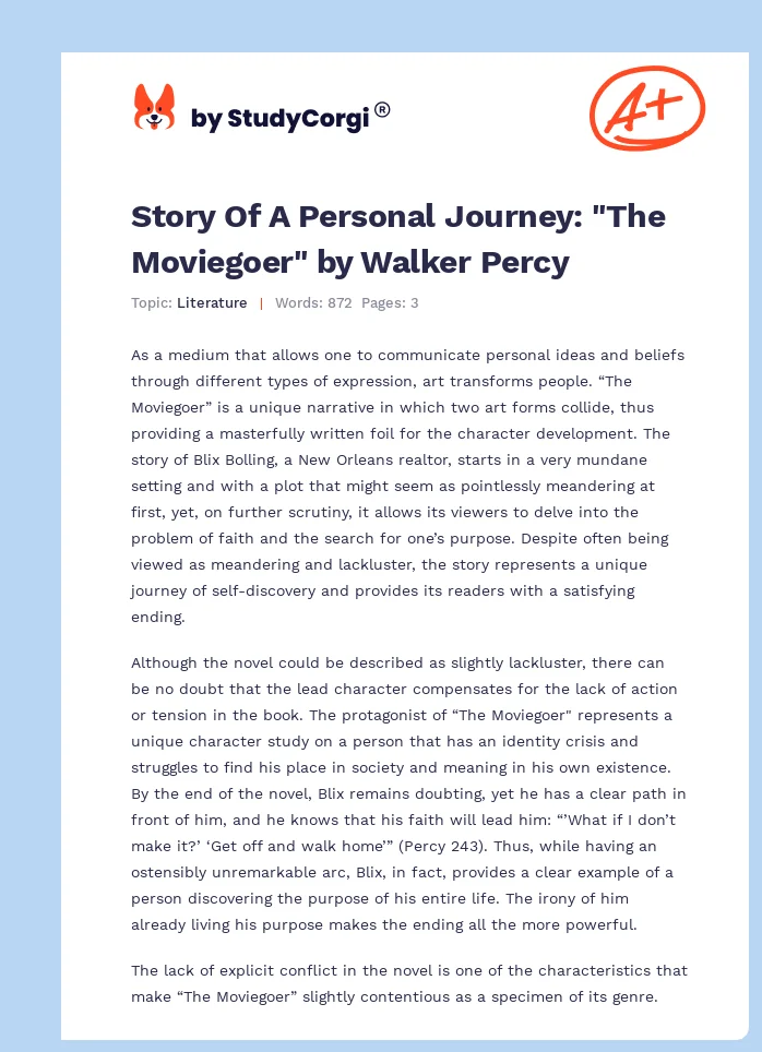 Story Of A Personal Journey: "The Moviegoer" by Walker Percy. Page 1