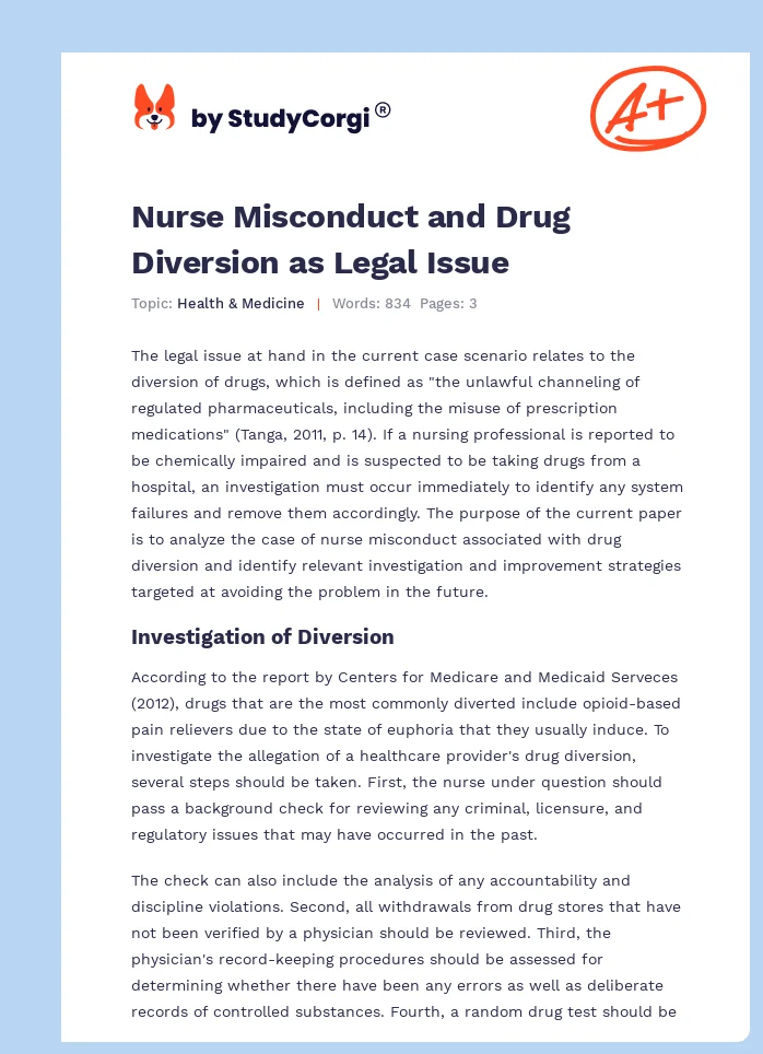 Nurse Misconduct and Drug Diversion as Legal Issue. Page 1