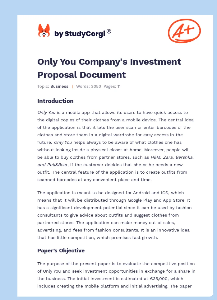Only You Company's Investment Proposal Document. Page 1