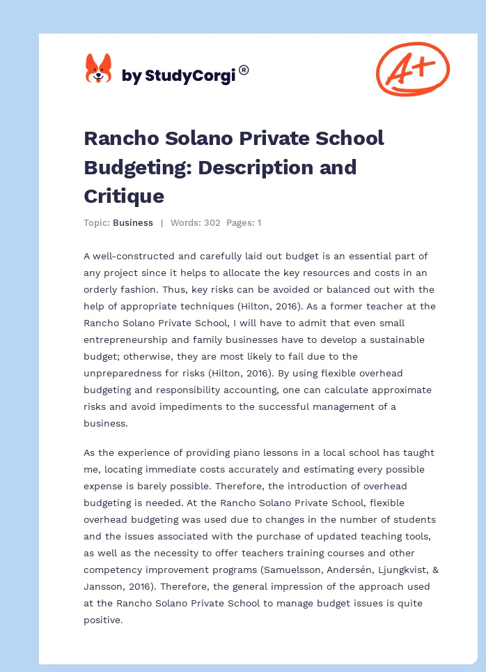Rancho Solano Private School Budgeting: Description and Critique. Page 1