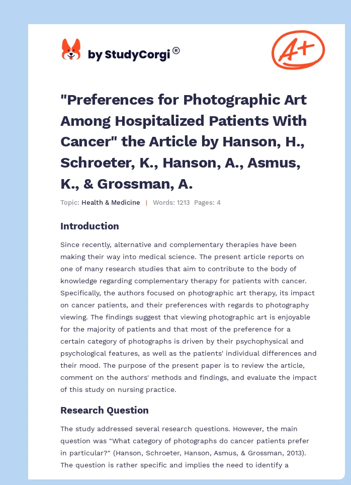 "Preferences for Photographic Art Among Hospitalized Patients With Cancer" the Article by Hanson, H., Schroeter, K., Hanson, A., Asmus, K., & Grossman, A.. Page 1