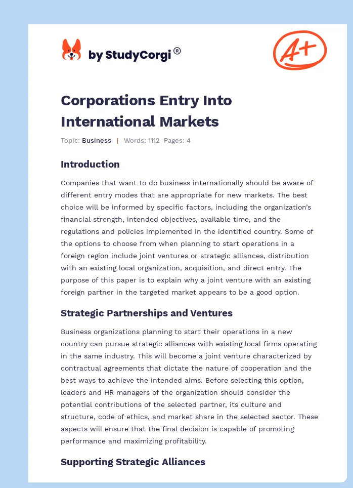 Corporations Entry Into International Markets. Page 1