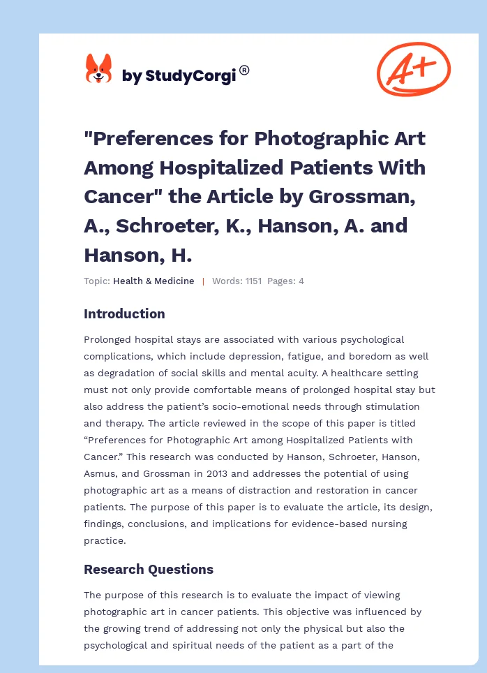 "Preferences for Photographic Art Among Hospitalized Patients With Cancer" the Article by Grossman, A., Schroeter, K., Hanson, A. and Hanson, H.. Page 1