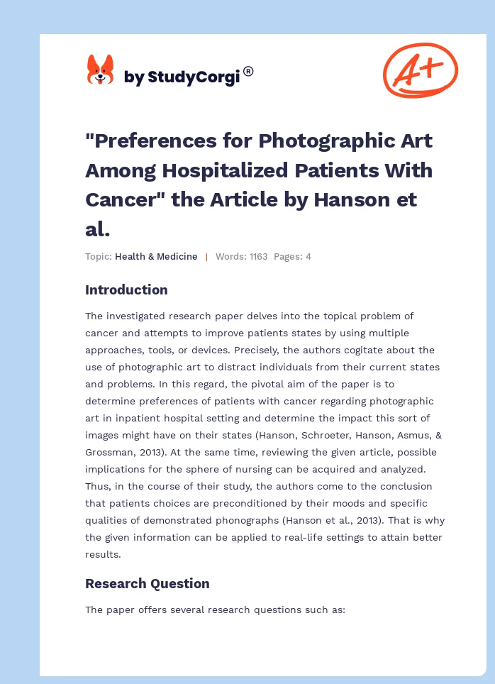 "Preferences for Photographic Art Among Hospitalized Patients With Cancer" the Article by Hanson et al.. Page 1