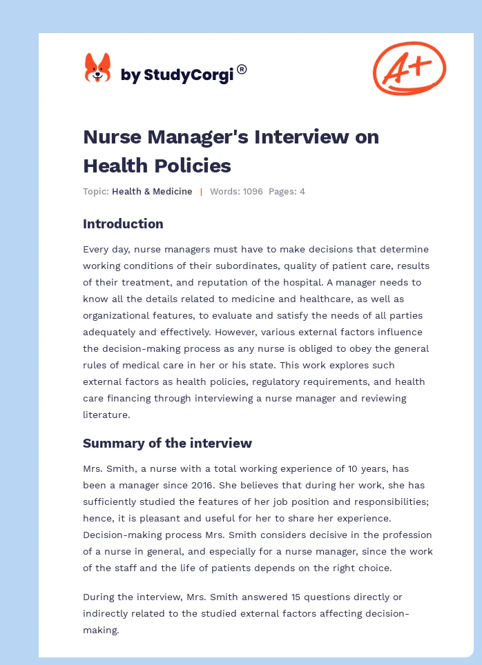 Nurse Manager's Interview on Health Policies. Page 1