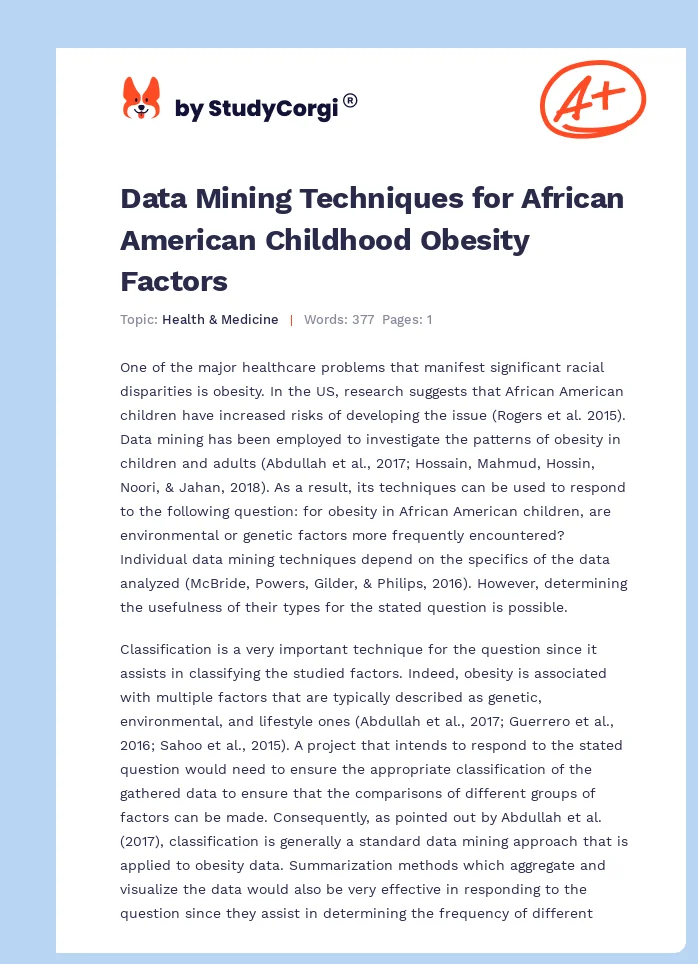 Data Mining Techniques for African American Childhood Obesity Factors. Page 1