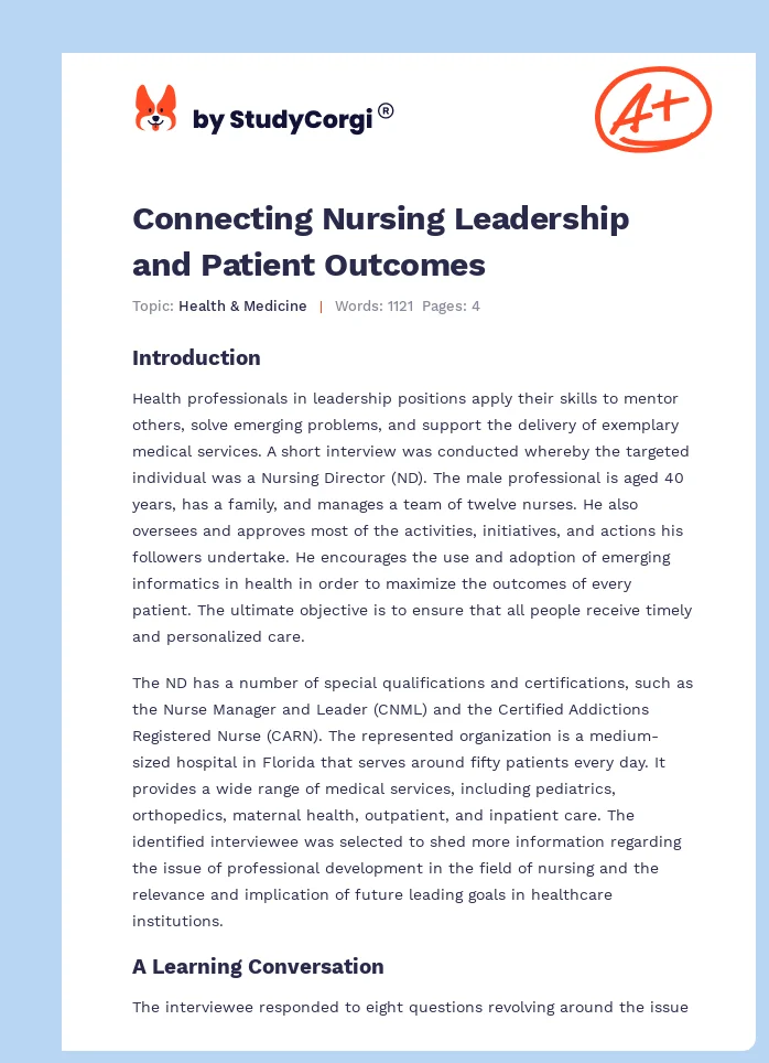 Connecting Nursing Leadership and Patient Outcomes. Page 1