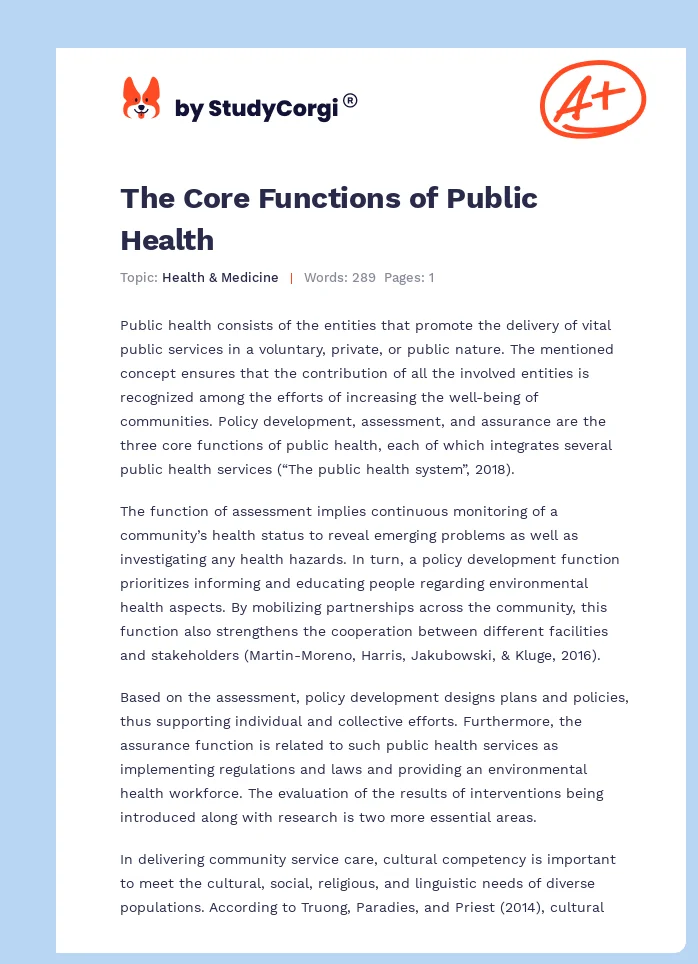 The Core Functions of Public Health. Page 1