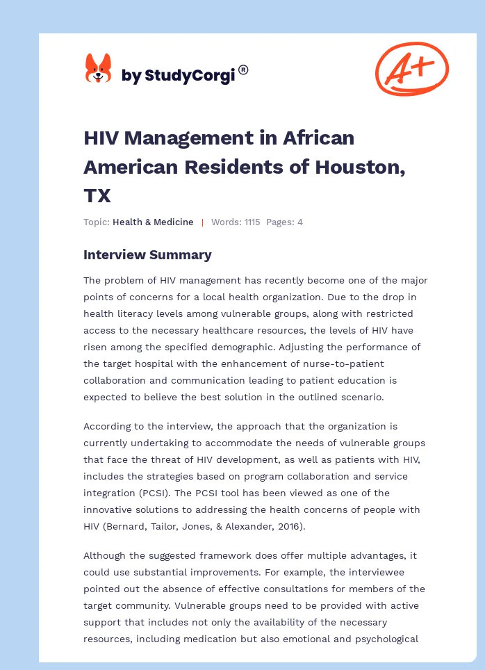 HIV Management in African American Residents of Houston, TX. Page 1