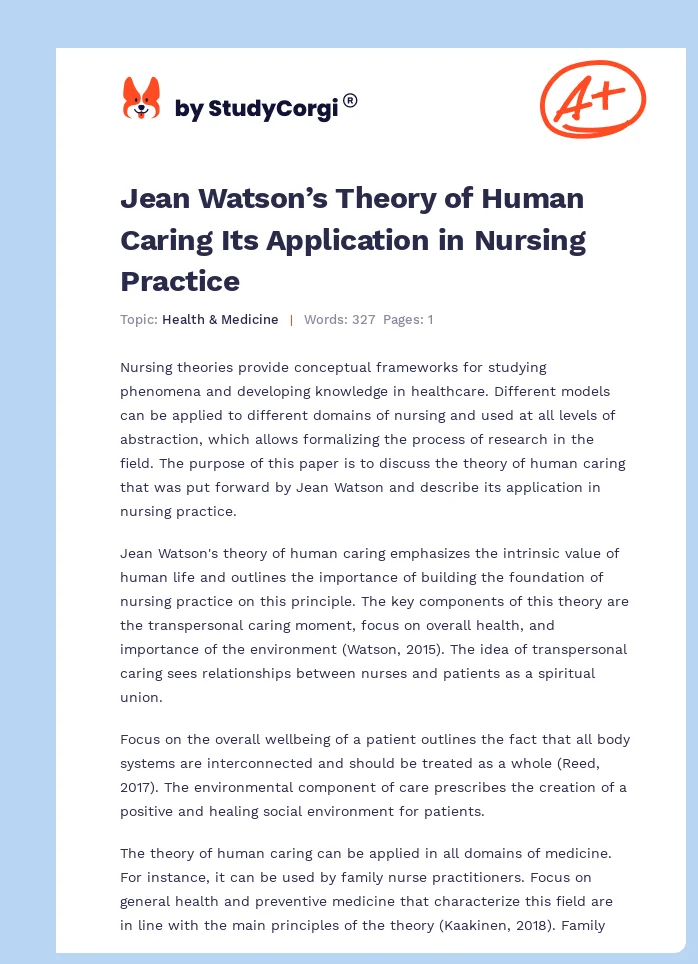 Jean Watson’s Theory of Human Caring Its Application in Nursing Practice. Page 1
