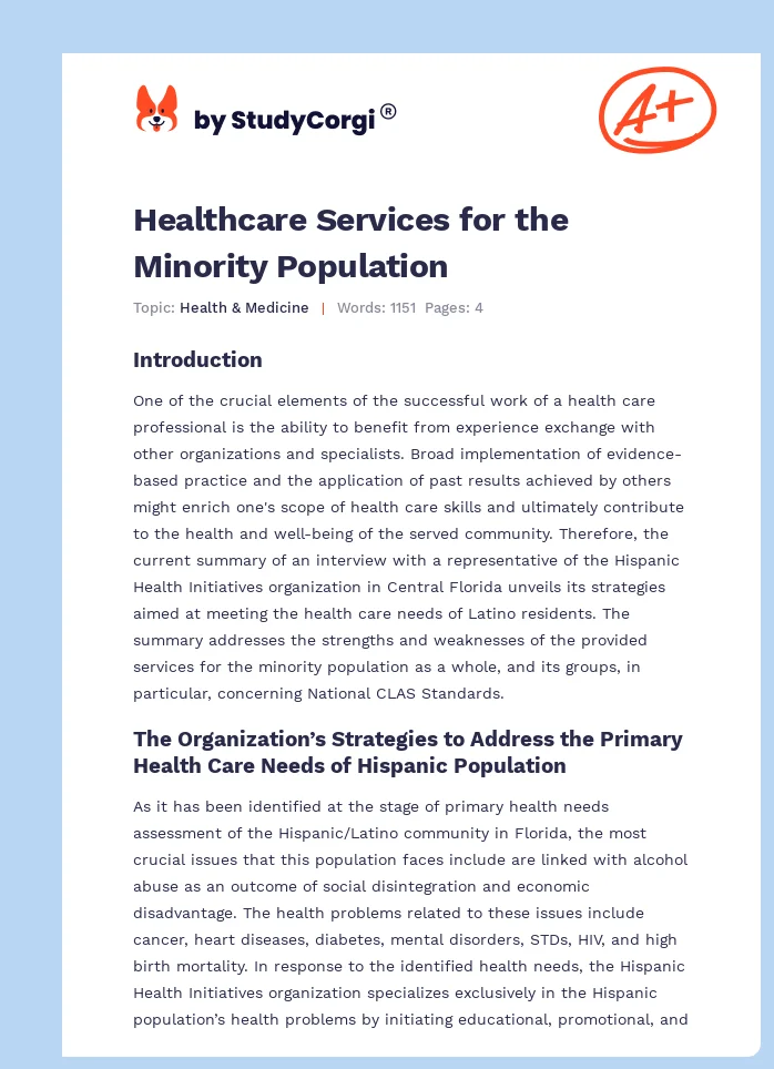 Healthcare Services for the Minority Population. Page 1