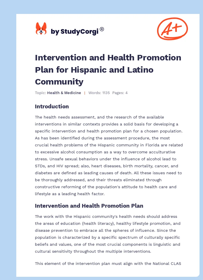 Intervention and Health Promotion Plan for Hispanic and Latino Community. Page 1