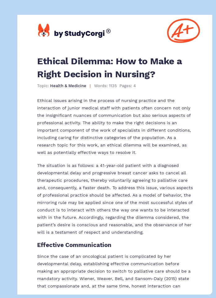 Ethical Dilemma: How to Make a Right Decision in Nursing?. Page 1