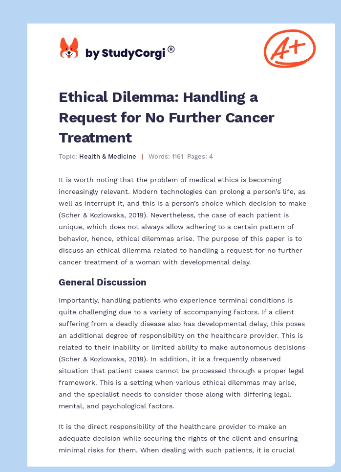 Ethical Dilemma: Handling a Request for No Further Cancer Treatment. Page 1