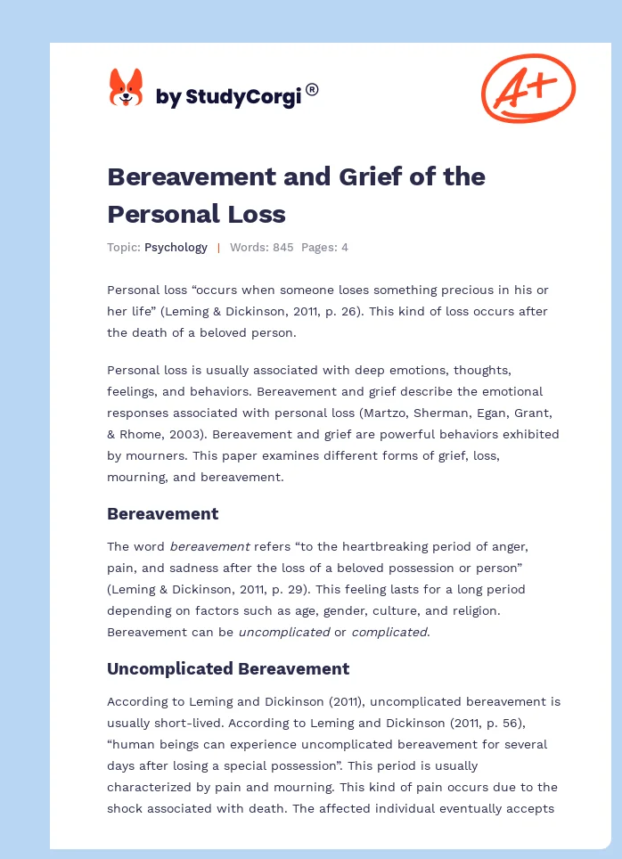 Bereavement and Grief of the Personal Loss. Page 1