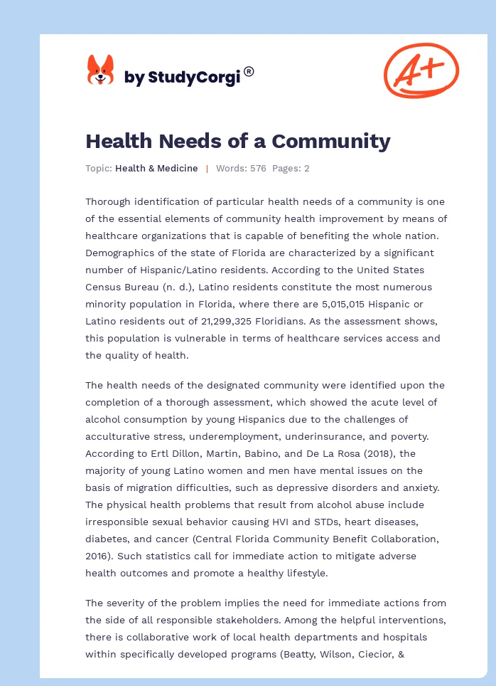 Health Needs of a Community. Page 1