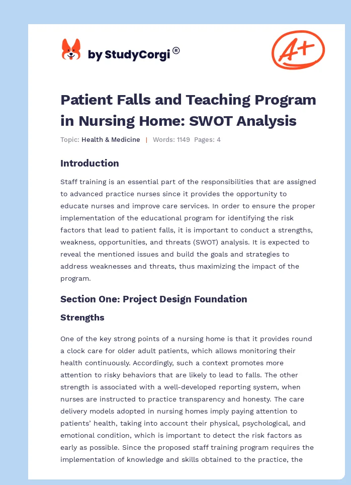 Patient Falls and Teaching Program in Nursing Home: SWOT Analysis. Page 1